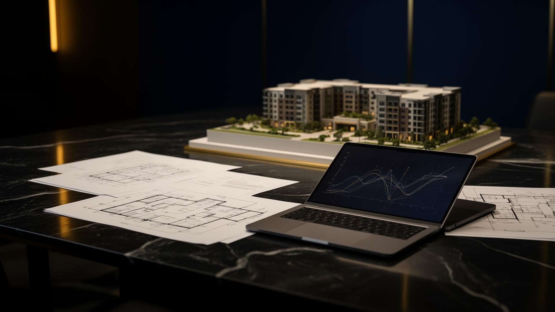 Underwriting desk with site plans and architectural multifamily model